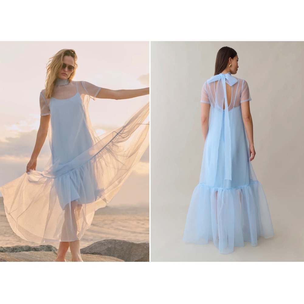 CAARA Melody Light Blue Sheer Overlay Tiered Midi Dress Bow Back Size Med New